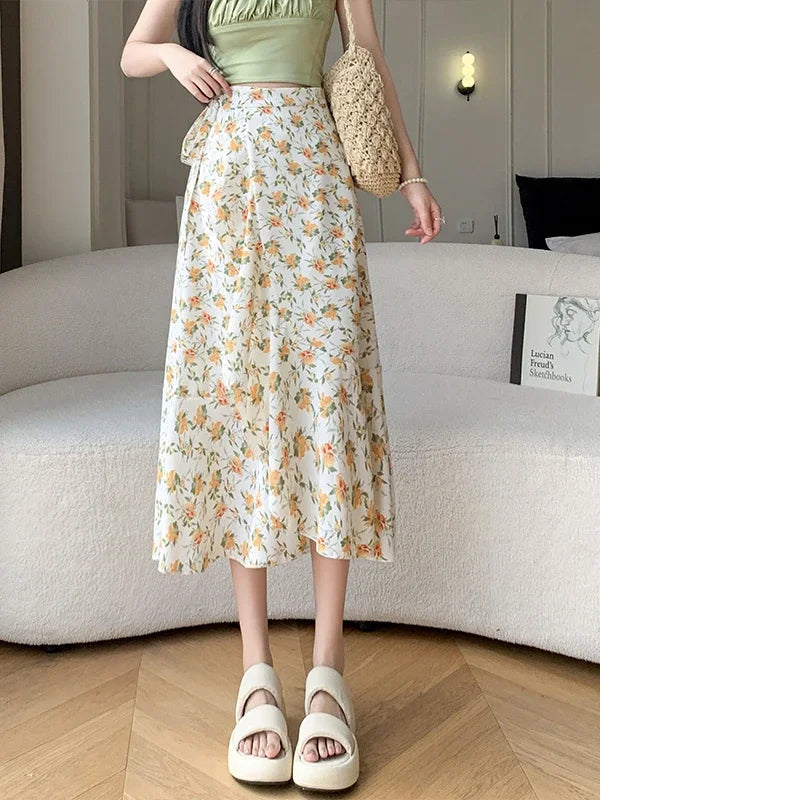 Flower Print High Waist Slit Midi Skirt