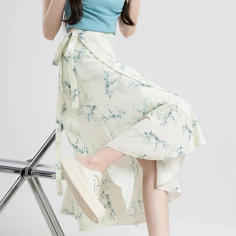 Flower Print High Waist Slit Midi Skirt