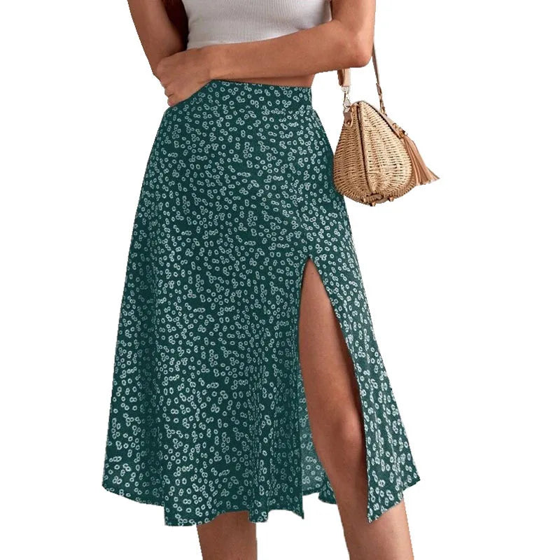 Floral Print Elastic Waist Leg Split Midi Skirt