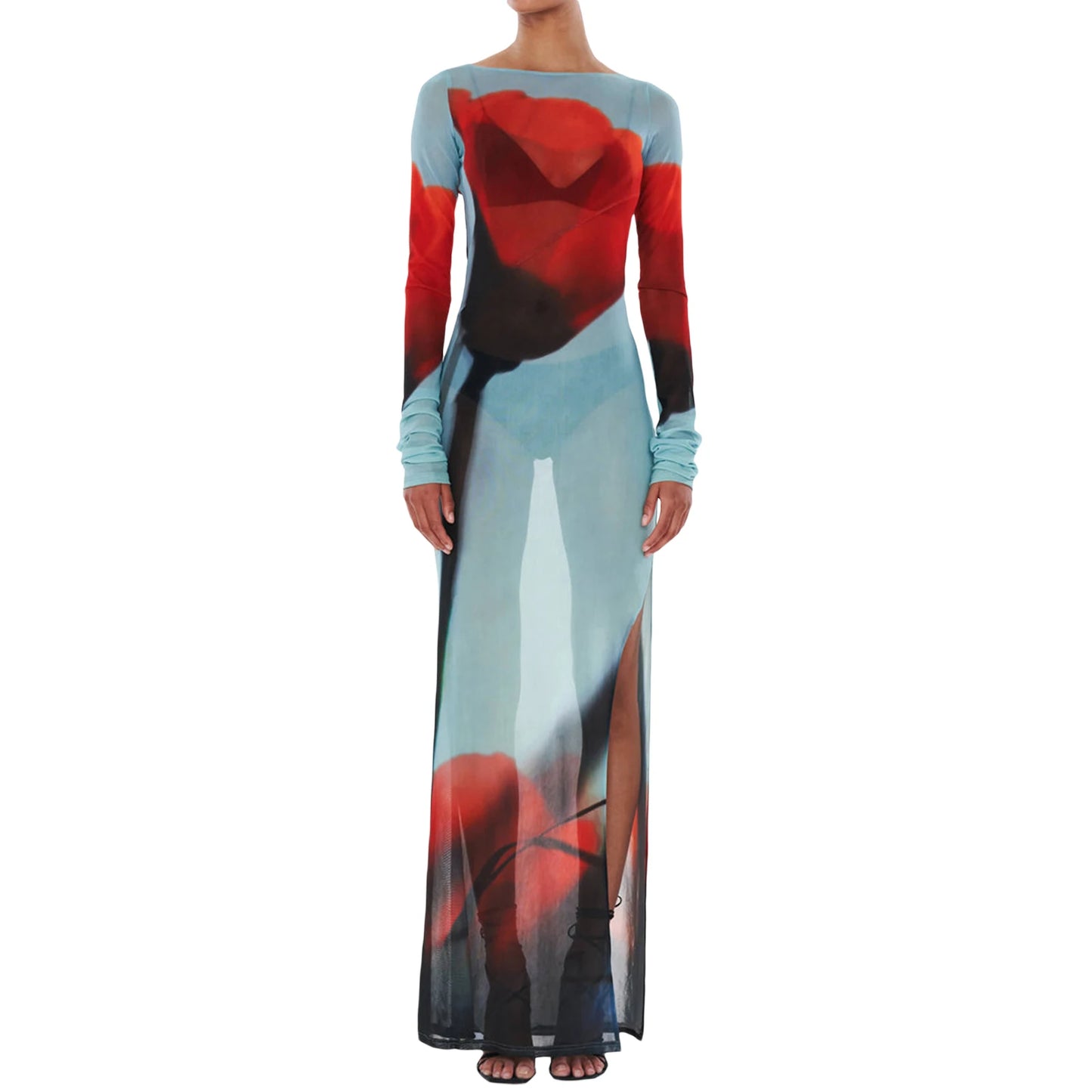 Slim Fit Long Sleeve Mesh Maxi Dress