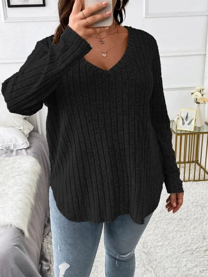 Plus Size V-Neck Ribbed Long Sleeve Top