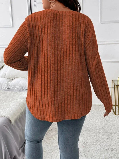 Plus Size V-Neck Ribbed Long Sleeve Top