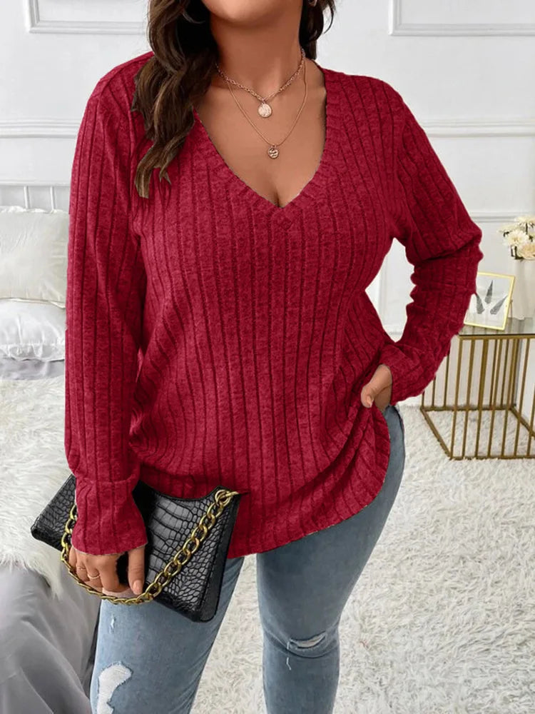 Plus Size V-Neck Ribbed Long Sleeve Top