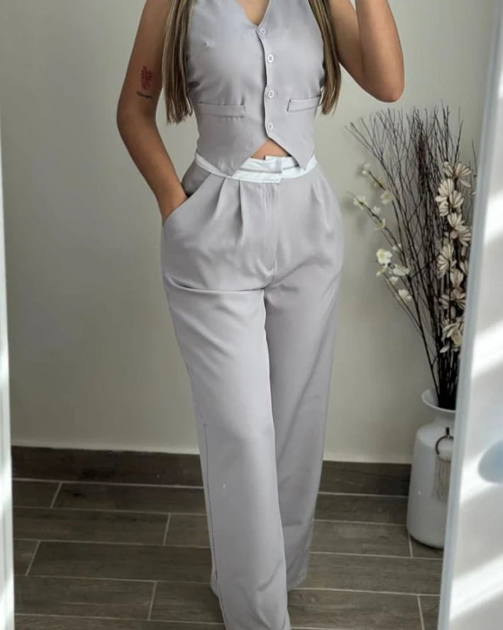 Co-Ord Set V-Neck Twist Button Vest Top + Trouser