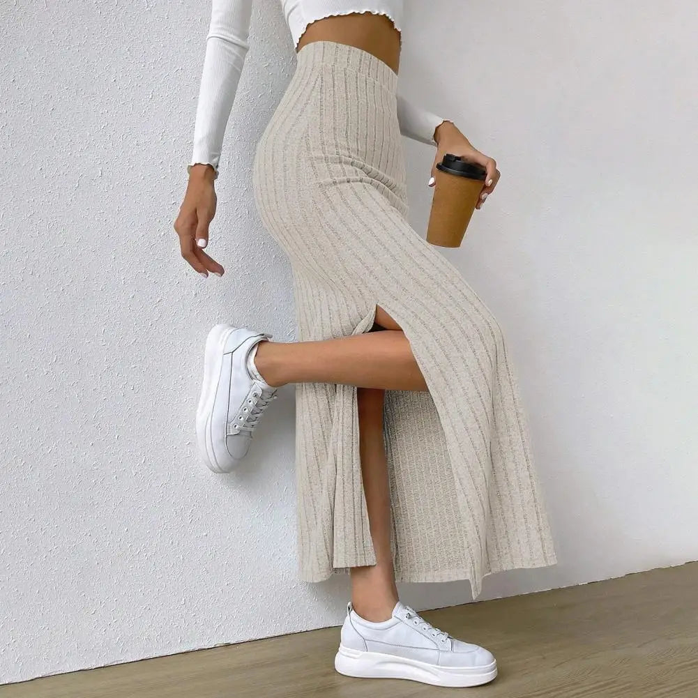 Ribbed High Waist Side Split Maxi Skirt