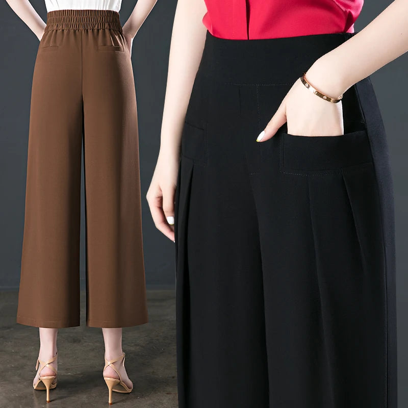 Wide Leg High Waist Office 3/4 Trousers