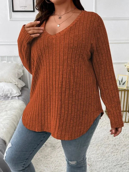 Plus Size V-Neck Ribbed Long Sleeve Top