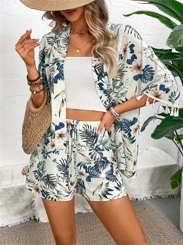 Co-Ord Set Flower Printed Beach Kimono Shirt + Shorts