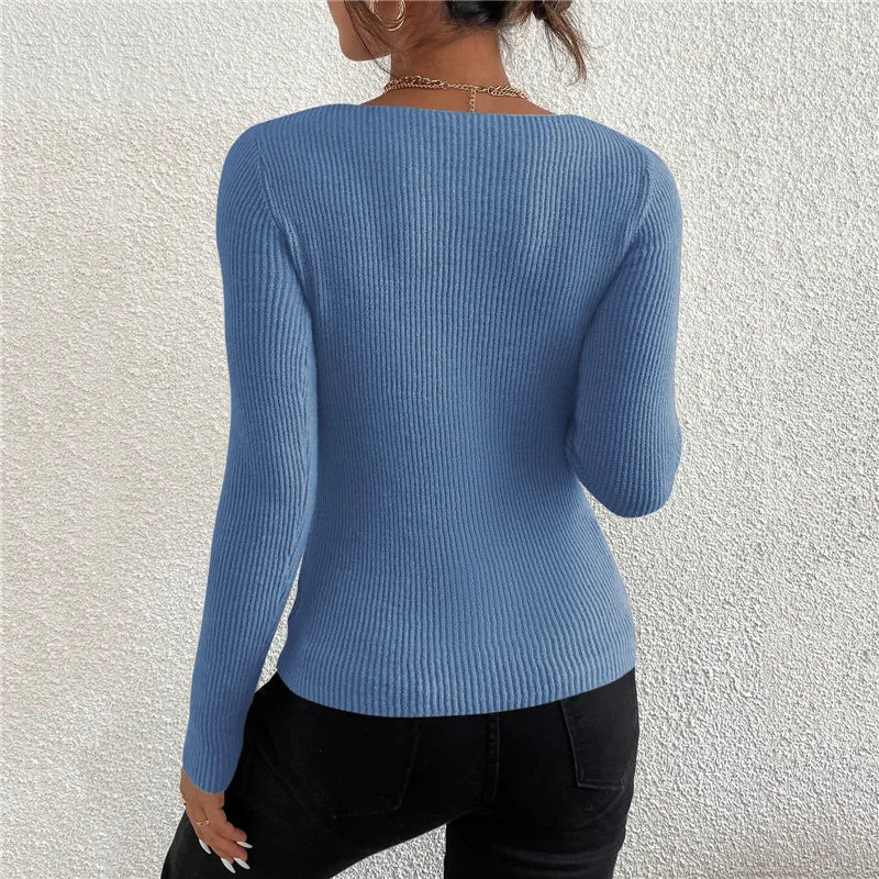 Ribbed V Neck Long Sleeve Top