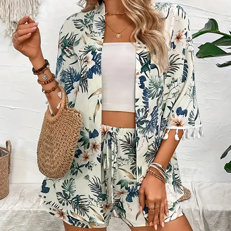 Co-Ord Set Flower Printed Beach Kimono Shirt + Shorts