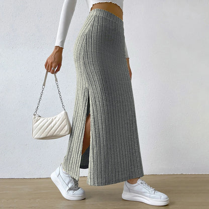 Ribbed High Waist Side Split Maxi Skirt