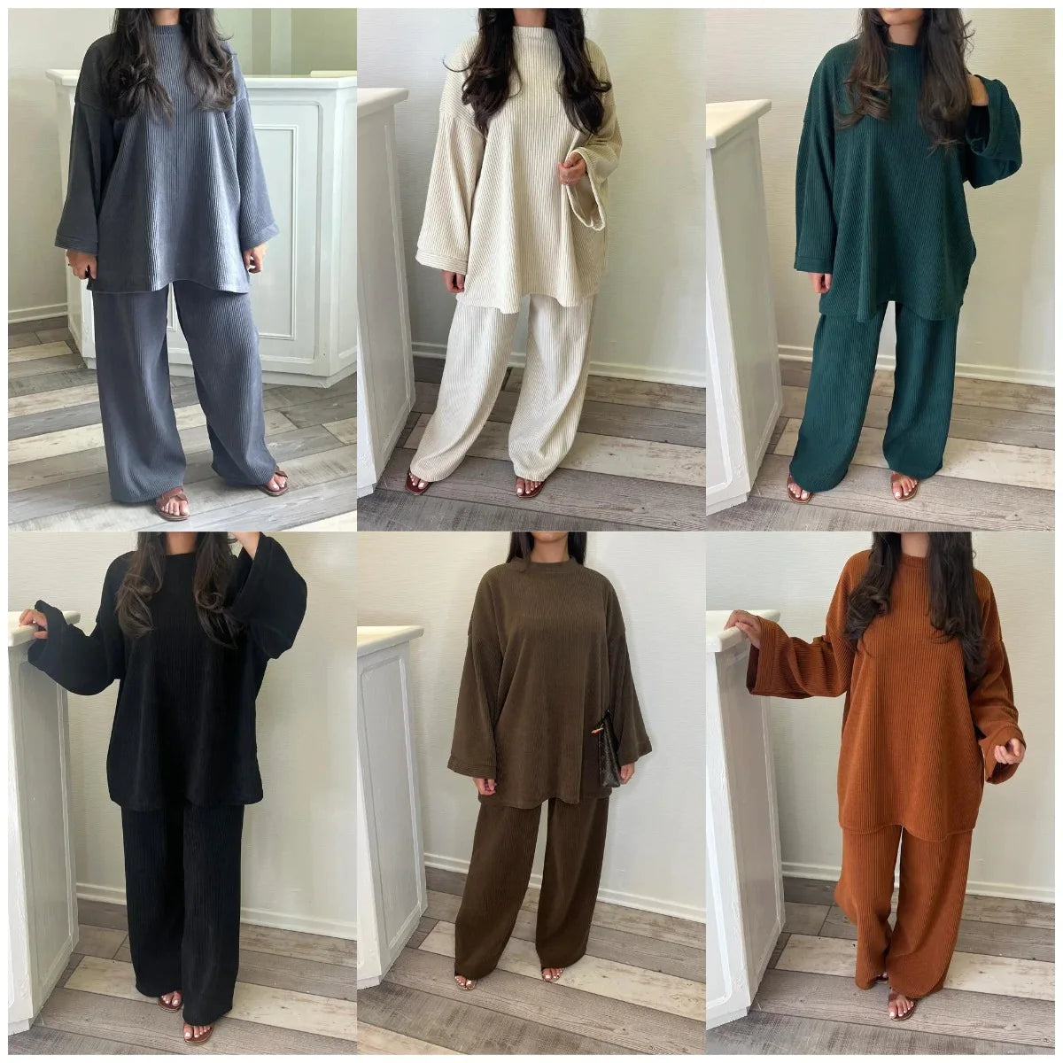 Co-Ord Set Solid Ribbed Loose Long Sleeve Top + Wide Leg Corduroy Trousers