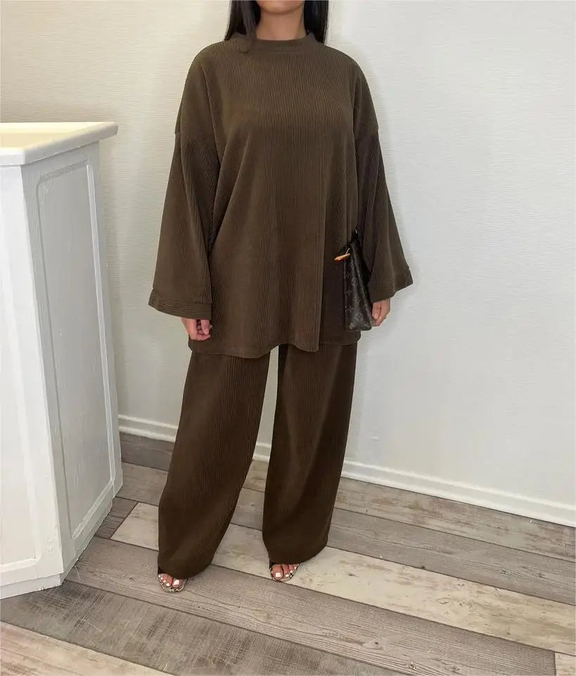 Co-Ord Set Solid Ribbed Loose Long Sleeve Top + Wide Leg Corduroy Trousers