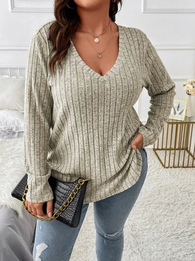 Plus Size V-Neck Ribbed Long Sleeve Top