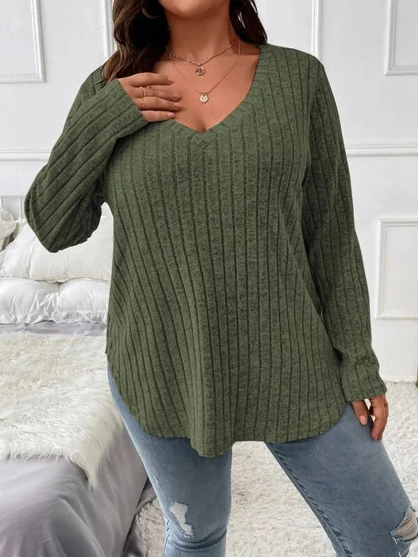 Plus Size V-Neck Ribbed Long Sleeve Top