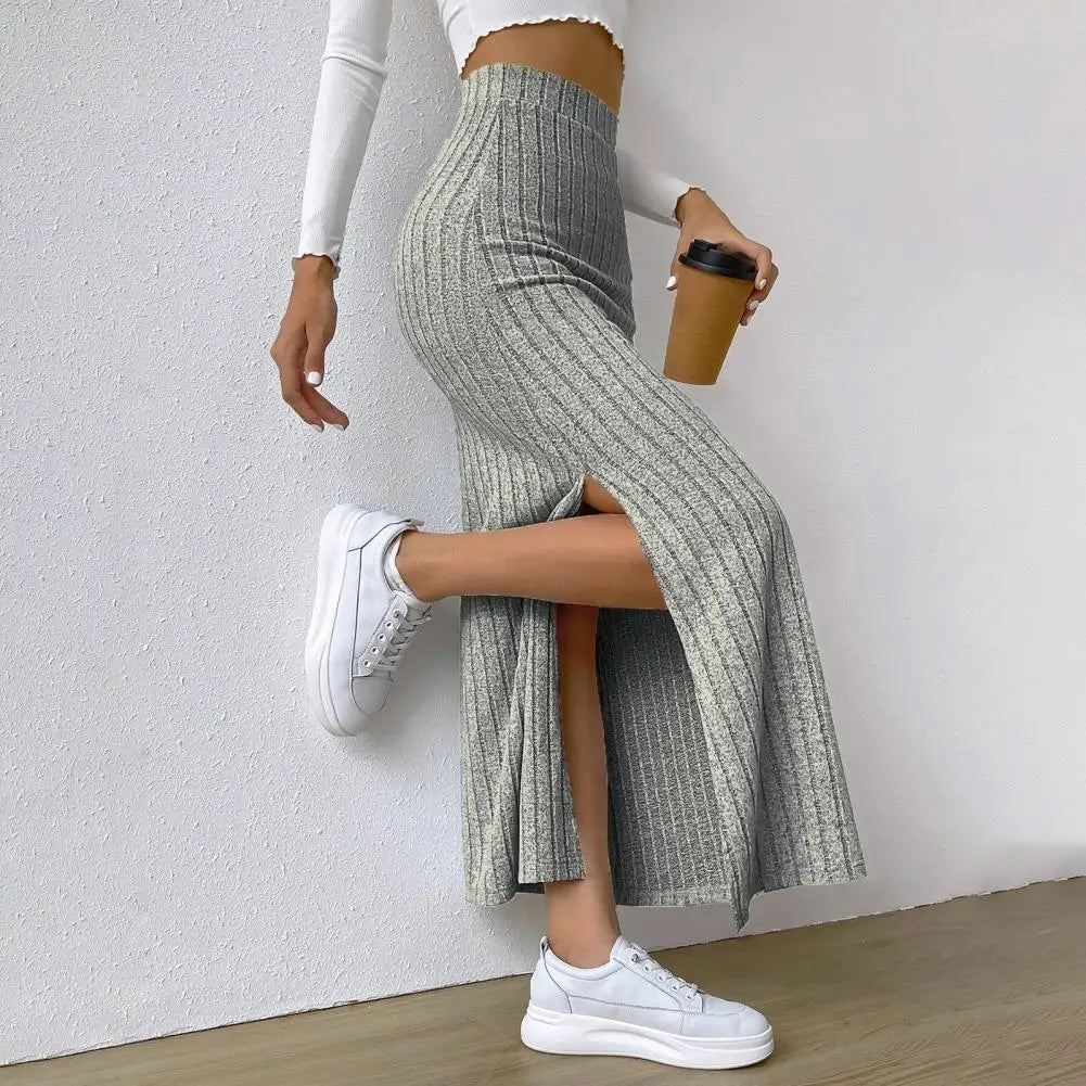 Ribbed High Waist Side Split Maxi Skirt