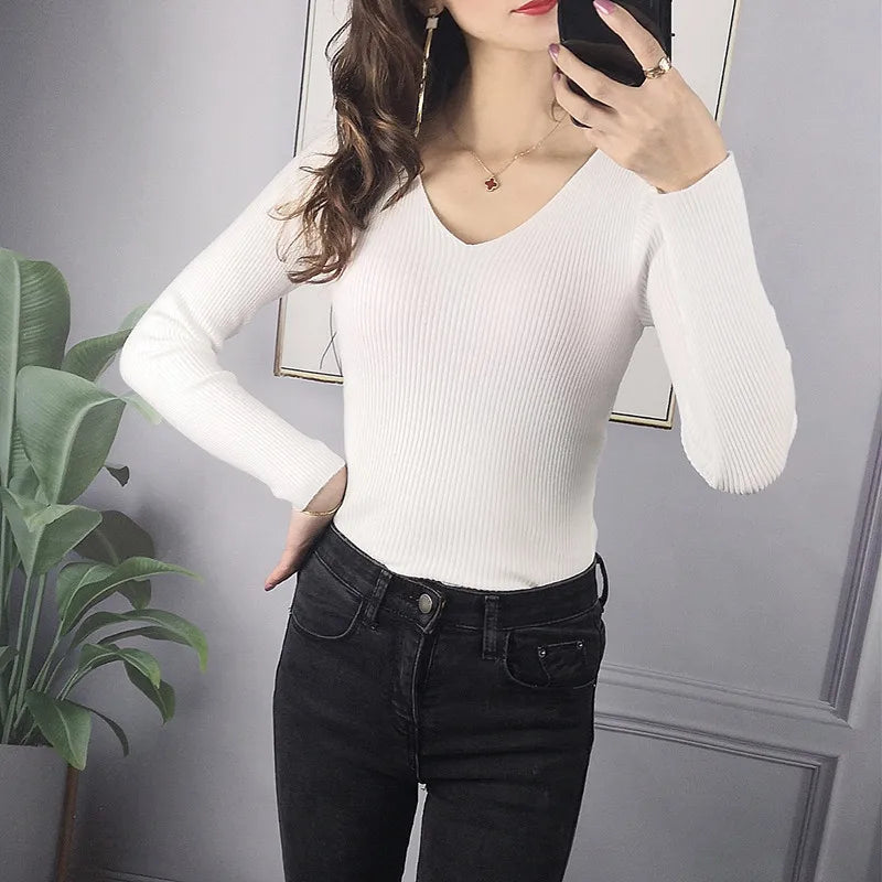 Ribbed V Neck Long Sleeve Top