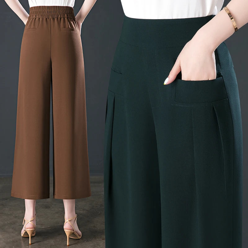 Wide Leg High Waist Office 3/4 Trousers