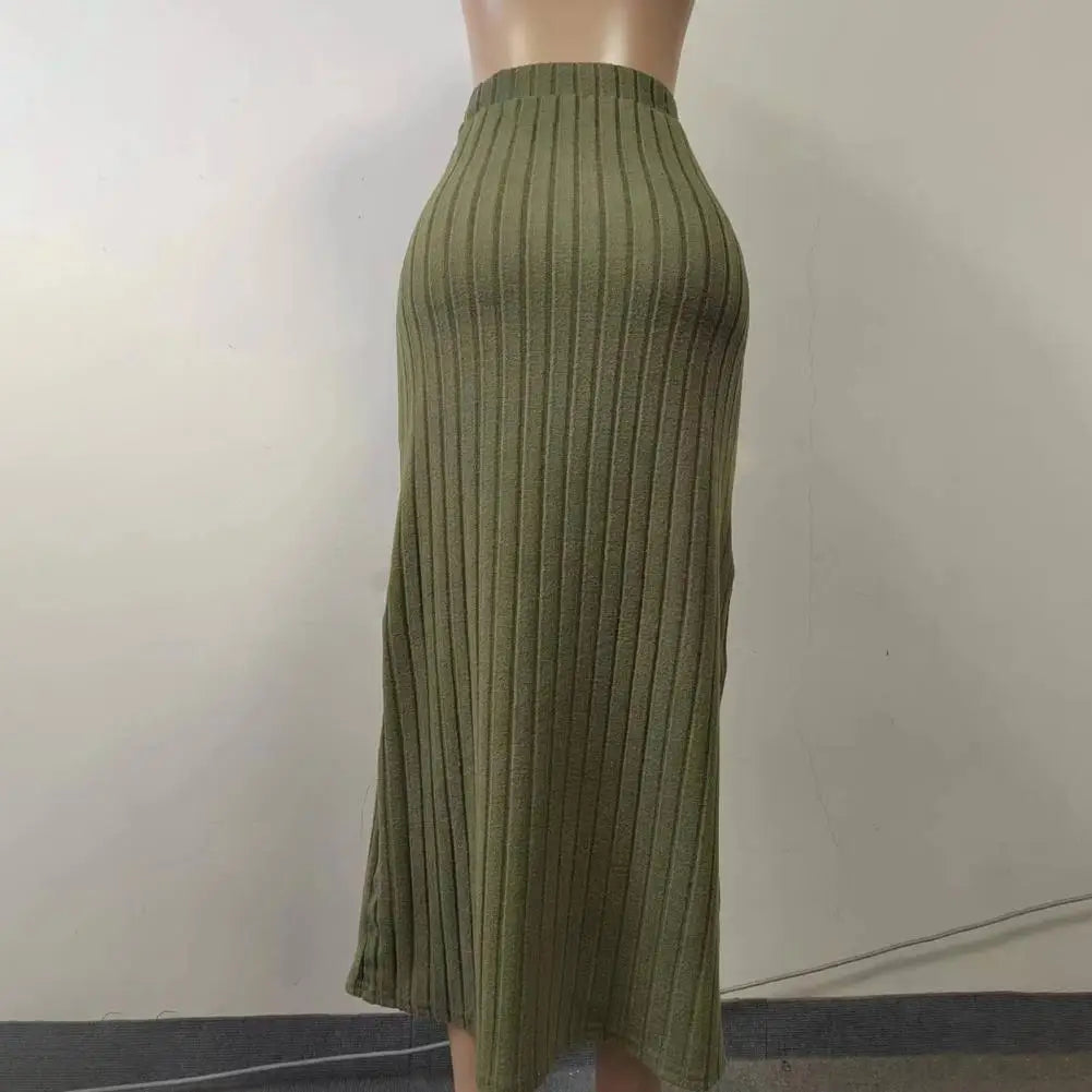 Ribbed High Waist Side Split Maxi Skirt