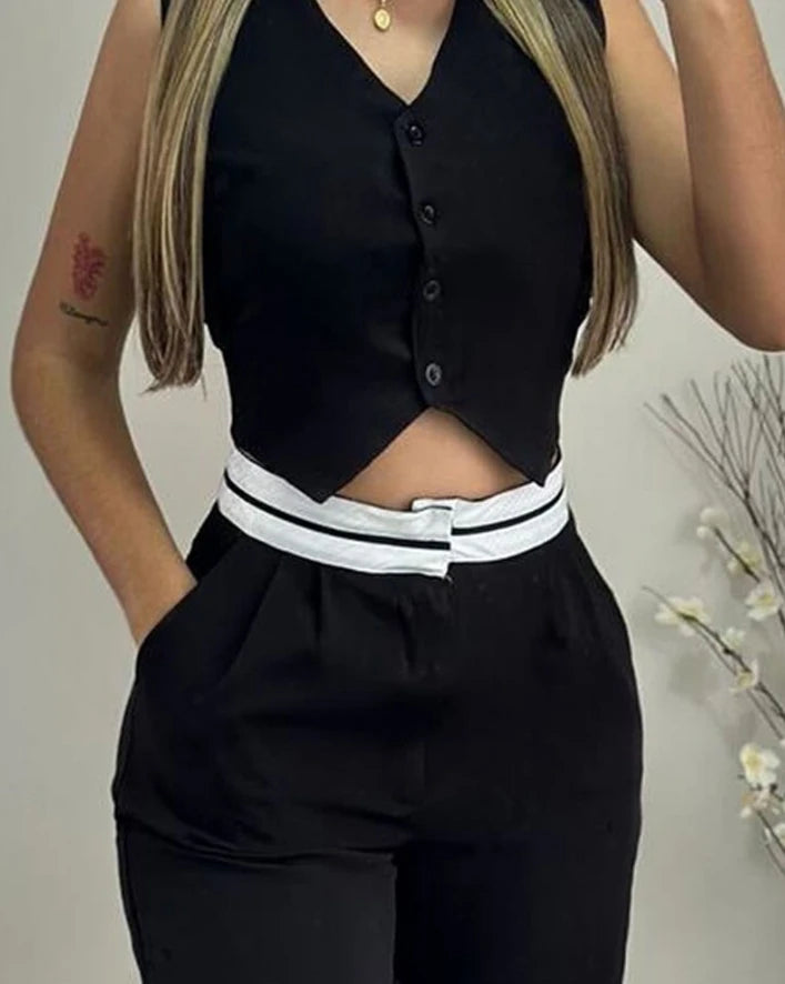 Co-Ord Set V-Neck Twist Button Vest Top + Trouser