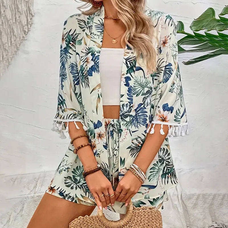 Co-Ord Set Flower Printed Beach Kimono Shirt + Shorts