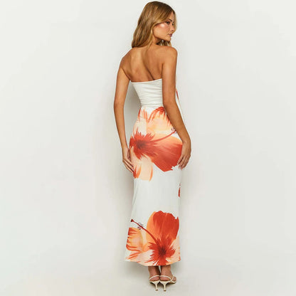 Flower Printed Strapless Maxi Dress