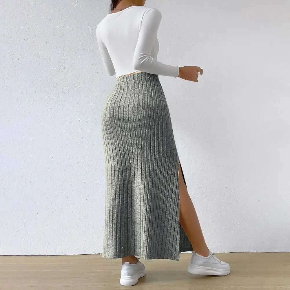 Ribbed High Waist Side Split Maxi Skirt