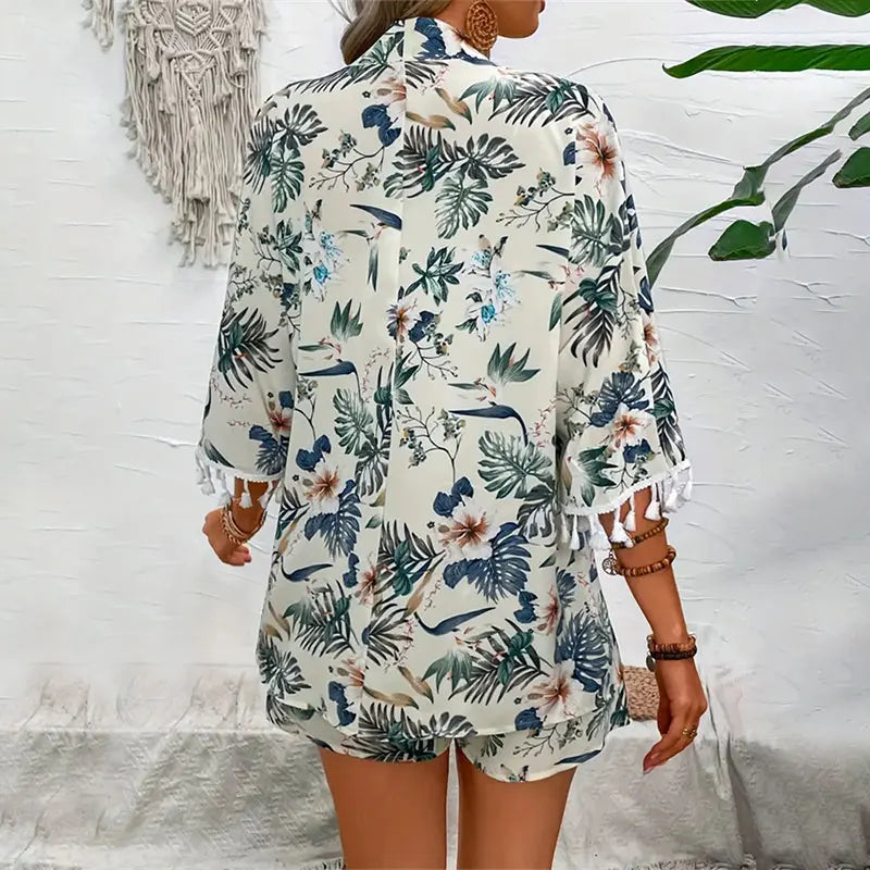 Co-Ord Set Flower Printed Beach Kimono Shirt + Shorts