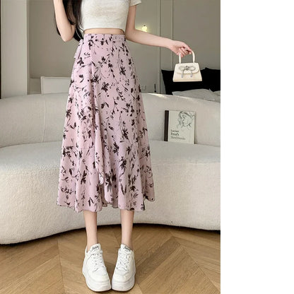 Flower Print High Waist Slit Midi Skirt