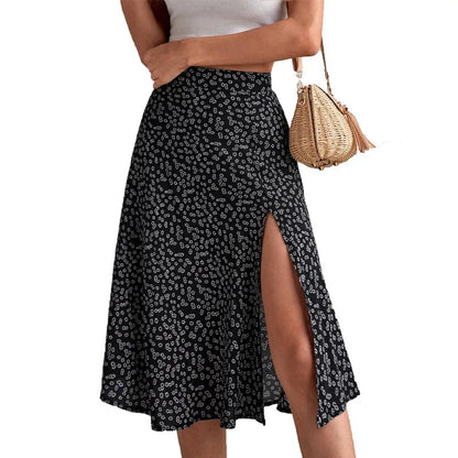 Floral Print Elastic Waist Leg Split Midi Skirt