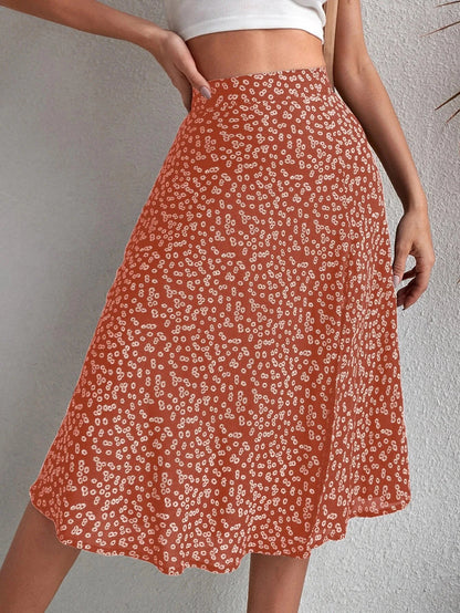 Floral Print Elastic Waist Leg Split Midi Skirt