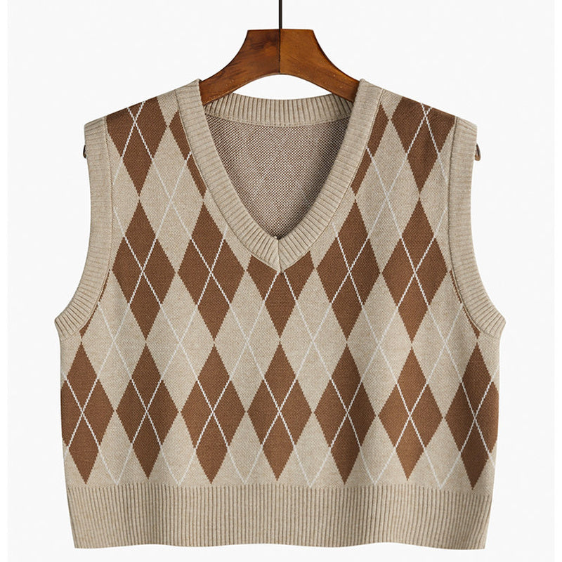 Plaid Knitted Sleeveless Sweater Vest