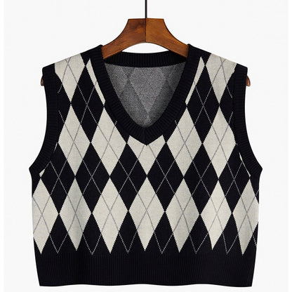 Plaid Knitted Sleeveless Sweater Vest