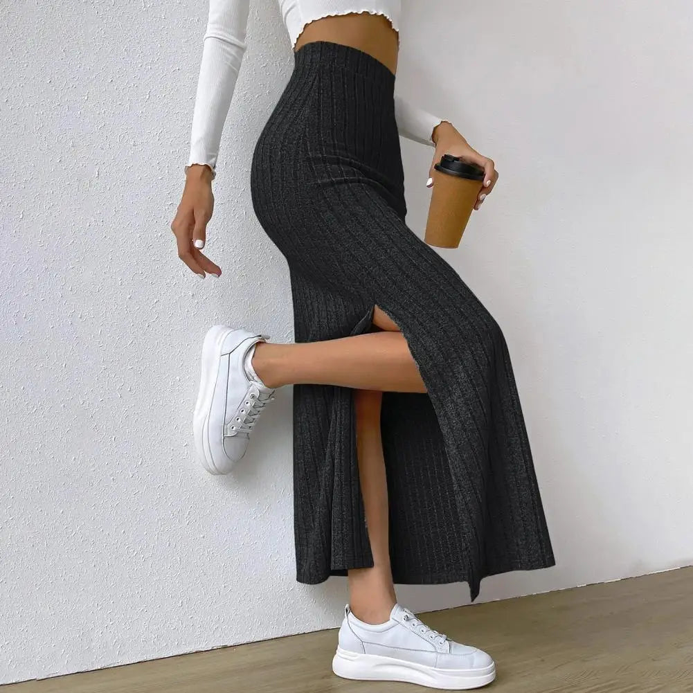 Ribbed High Waist Side Split Maxi Skirt