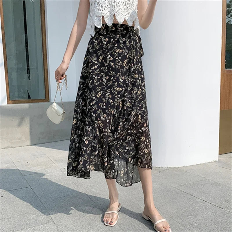 Flower Print High Waist Slit Midi Skirt