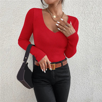 Ribbed V Neck Long Sleeve Top