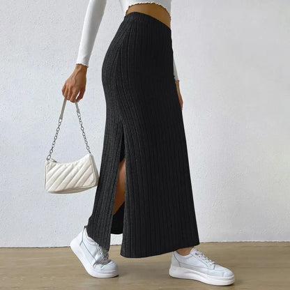 Ribbed High Waist Side Split Maxi Skirt