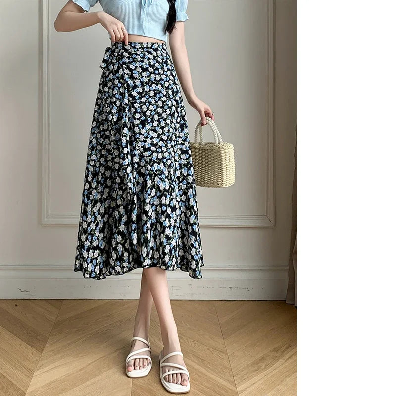 Flower Print High Waist Slit Midi Skirt