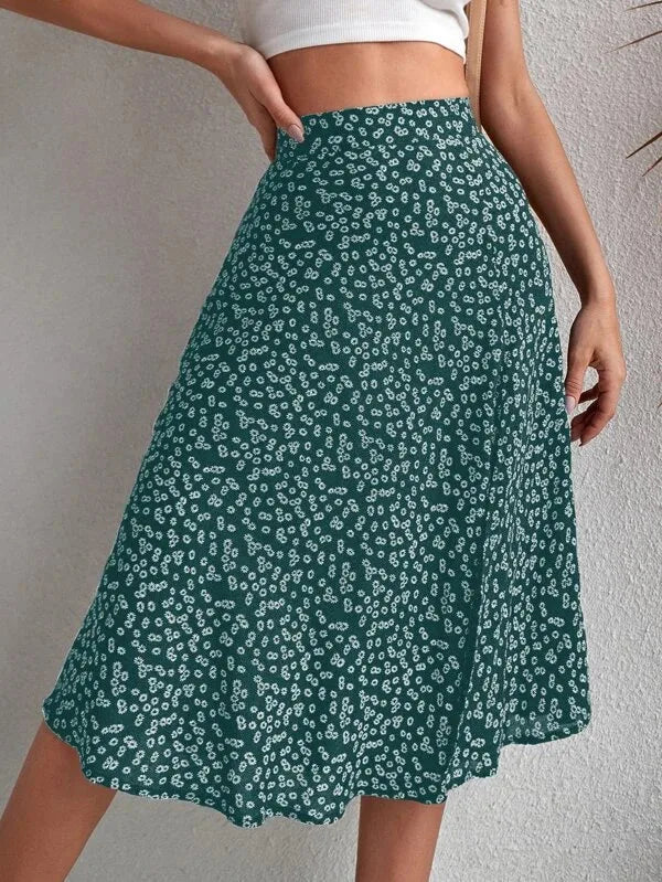 Floral Print Elastic Waist Leg Split Midi Skirt