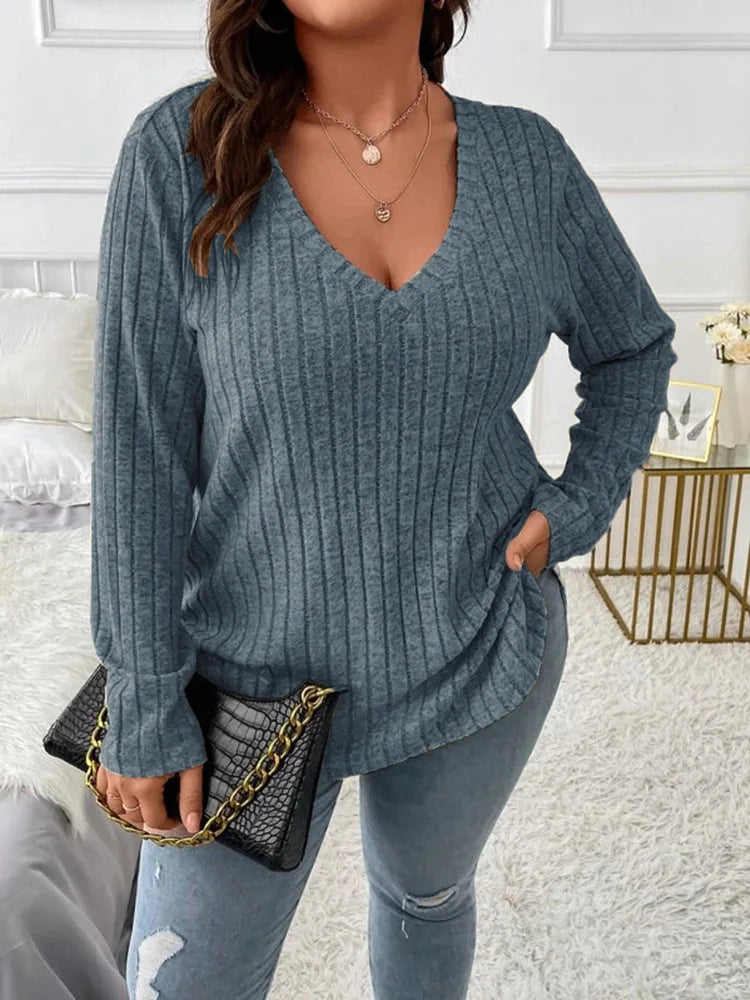 Plus Size V-Neck Ribbed Long Sleeve Top