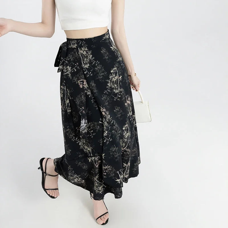 Flower Print High Waist Slit Midi Skirt