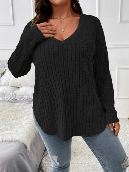 Plus Size V-Neck Ribbed Long Sleeve Top