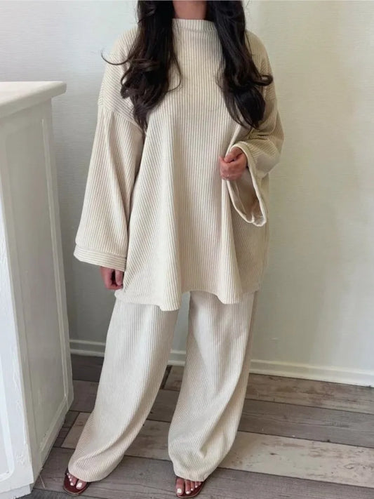 Co-Ord Set Solid Ribbed Loose Long Sleeve Top + Wide Leg Corduroy Trousers