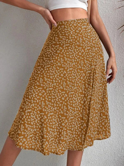 Floral Print Elastic Waist Leg Split Midi Skirt