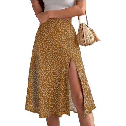 Floral Print Elastic Waist Leg Split Midi Skirt