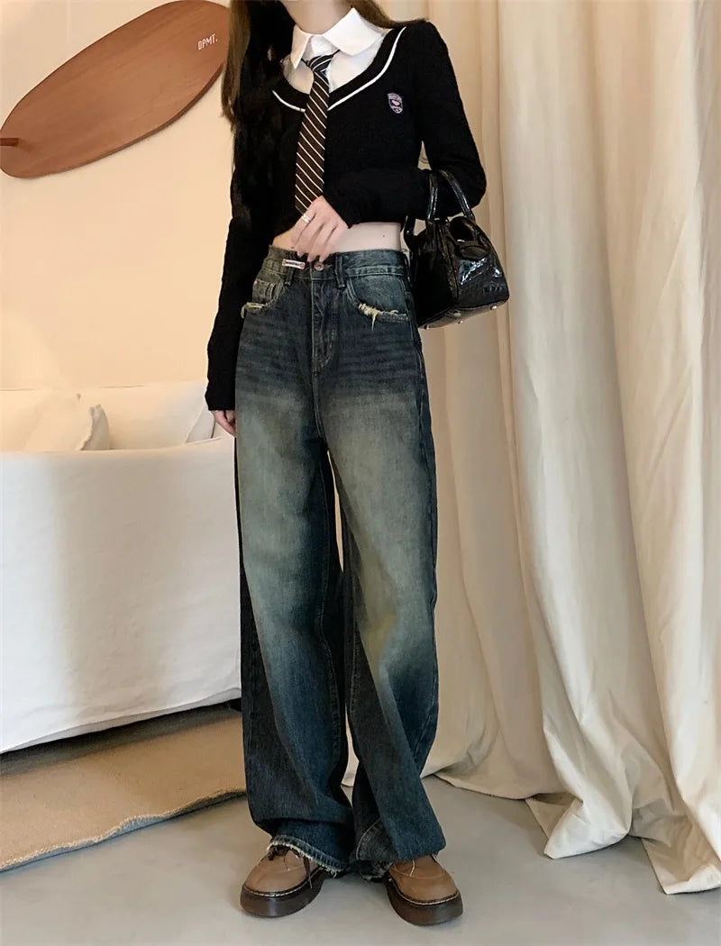 Harajuku Style Wide Leg High Waist Denim Jeans