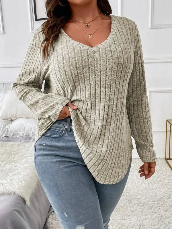 Plus Size V-Neck Ribbed Long Sleeve Top