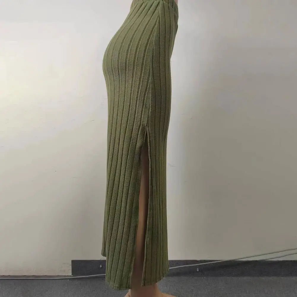 Ribbed High Waist Side Split Maxi Skirt