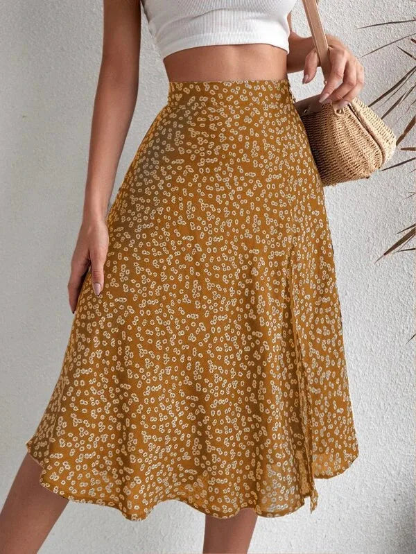 Floral Print Elastic Waist Leg Split Midi Skirt