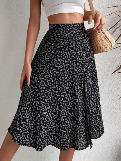 Floral Print Elastic Waist Leg Split Midi Skirt